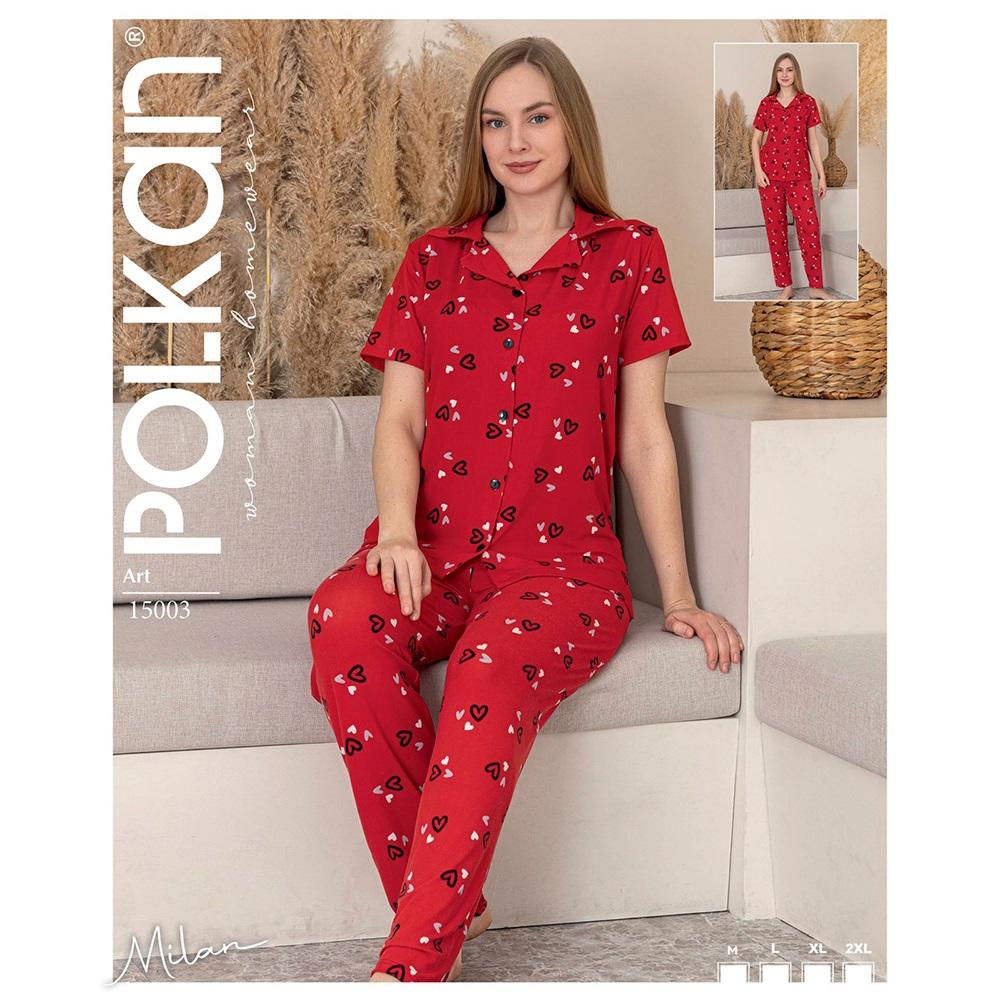 Polkan 15003 Bayan Milan Boydan Düğmeli Kısa Kol Pijama Takımı M-2XL