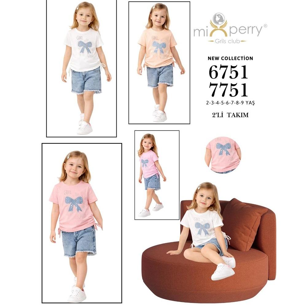 Mixperry 6751 Kız Çocuk Kelebek Ablike Taşlı Nakışlı Kot Şortlu 2 Li Takım 3-6 Yaş