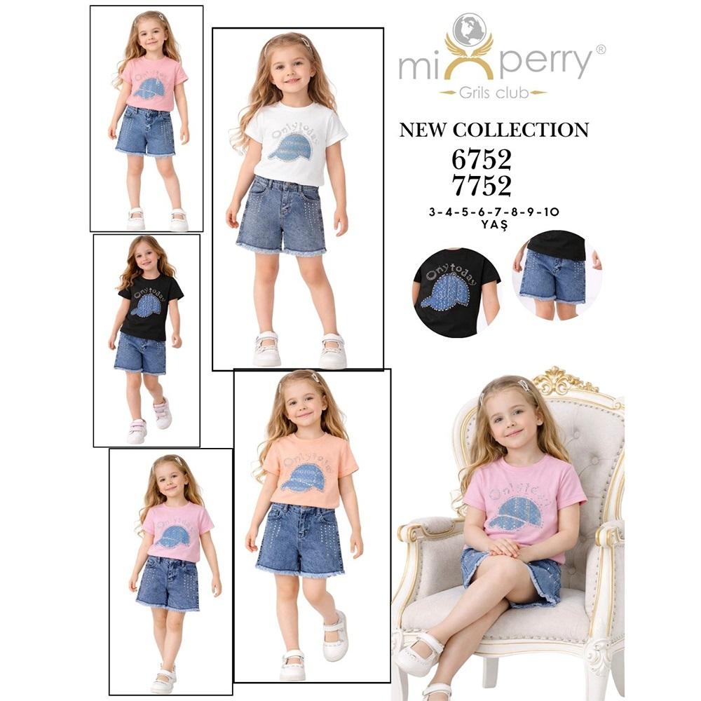 Mixperry 6752 Kız Çocuk Şapka Ablike Taşlı Nakışlı Kot Şortlu 2 Li Takım 3-6 Yaş