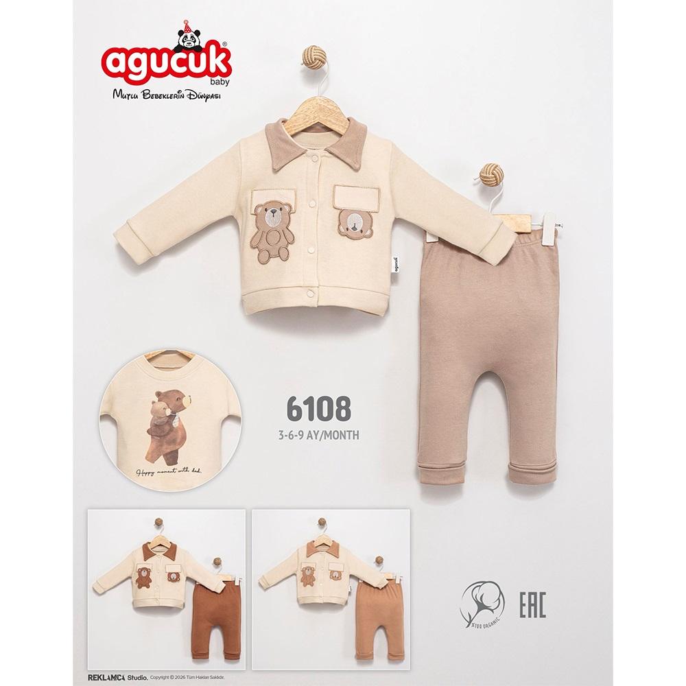 Agucuk Baby 6108 Erkek Bebe Sevimli Ayı Nakışlı Yakalı 3 Lü Takım 3-9 Ay