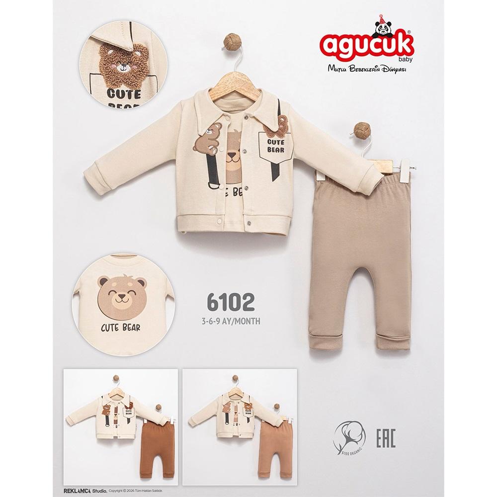 Agucuk Baby 6102 Erkek Bebe Sevimli Ayı Nakışlı Yakalı 3 Lü Takım 3-9 Ay
