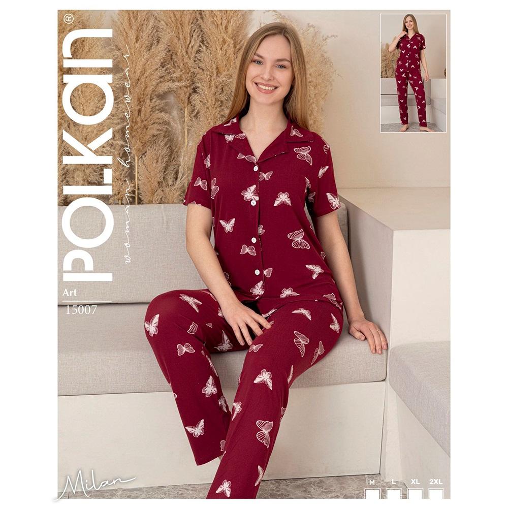 Polkan 15007 Bayan Milan Boydan Düğmeli Kısa Kol Pijama Takımı M-2XL