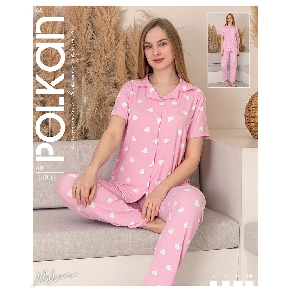 Polkan 15005 Bayan Milan Boydan Düğmeli Kısa Kol Pijama Takımı M-2XL
