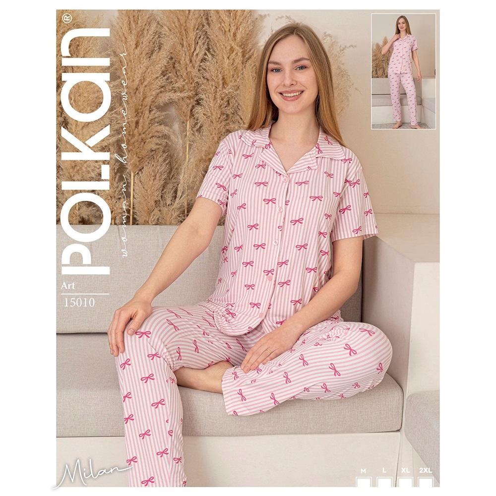Polkan 15010 Bayan Milan Boydan Düğmeli Kısa Kol Pijama Takımı M-2XL