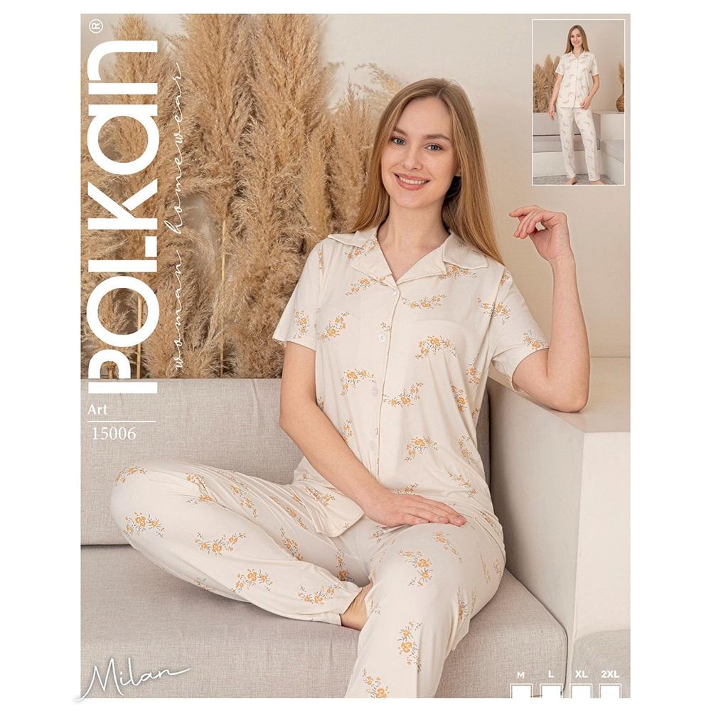 Polkan 15006 Bayan Milan Boydan Düğmeli Kısa Kol Pijama Takımı M-2XL