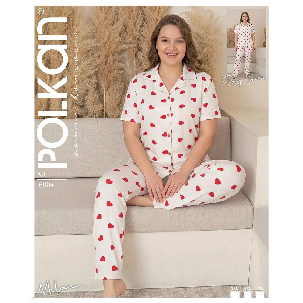 Polkan 6004 Bayan Battal Milan Boydan Düğmeli Kısa Kol Pijama Takımı 3XL-5XL