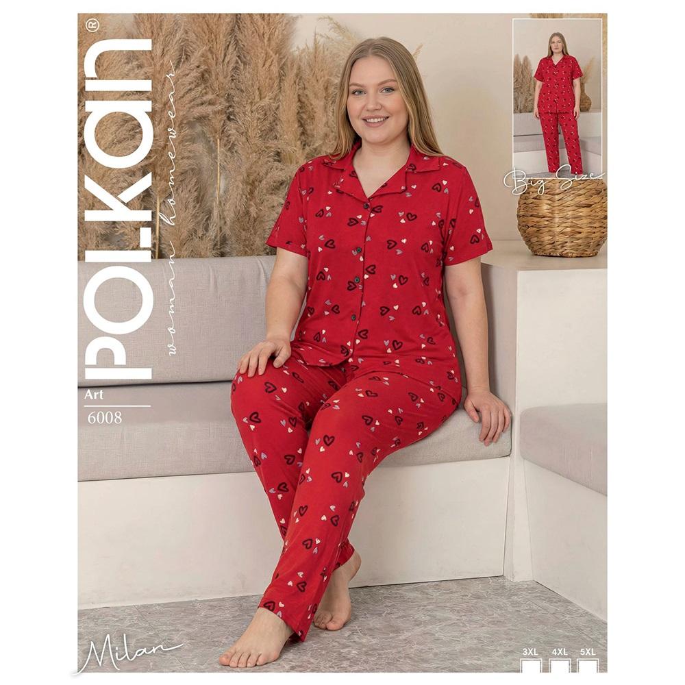 Polkan 6008 Bayan Battal Milan Boydan Düğmeli Kısa Kol Pijama Takımı 3XL-5XL