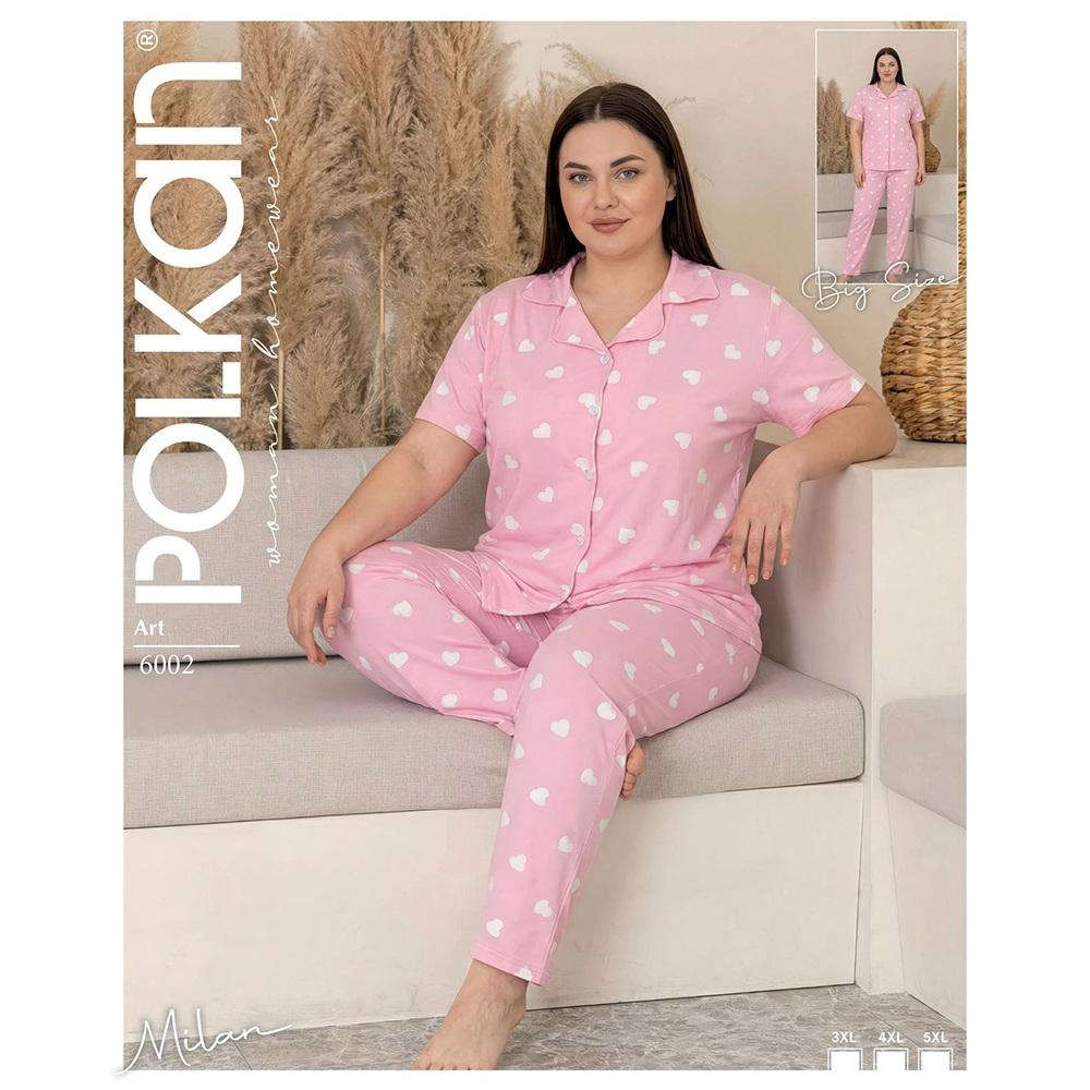 Polkan 6002 Bayan Battal Milan Boydan Düğmeli Kısa Kol Pijama Takımı 3XL-5XL