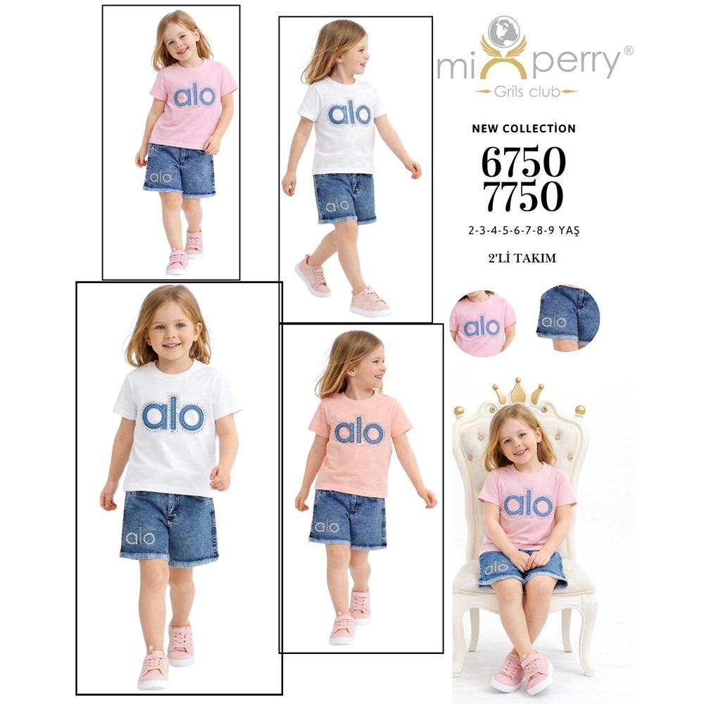 Mixperry 6750 Kız Çocuk Penye Alo Ablikeli Taş Nakışlı Kot Şort Takım 2-5 Yaş