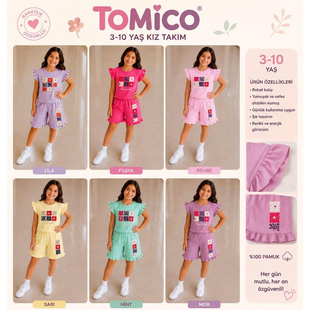 Tomıca 8142 Kız Çocuk Penye Kol Fırfırlı Baskılı Şortlu Takım 3-10 Yaş