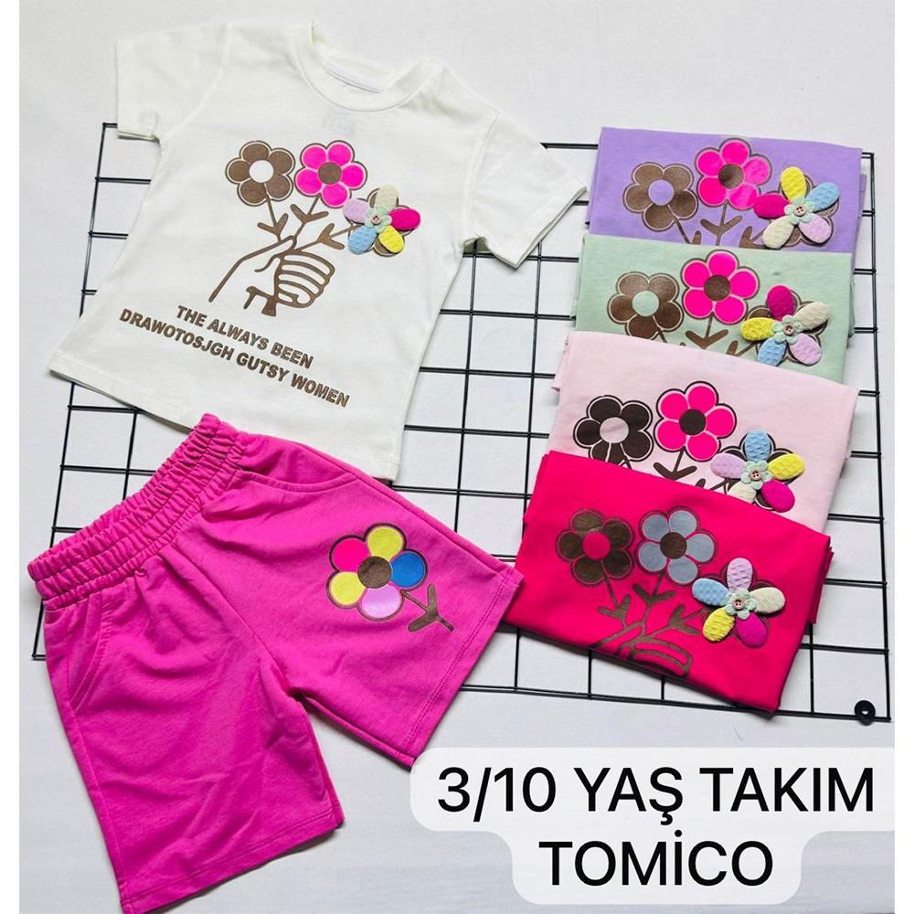 Tomıca 8110 Kız Çocuk Penye Aksesuarlı Papatya Baskılı Şortlu Takım 3-10 Yaş
