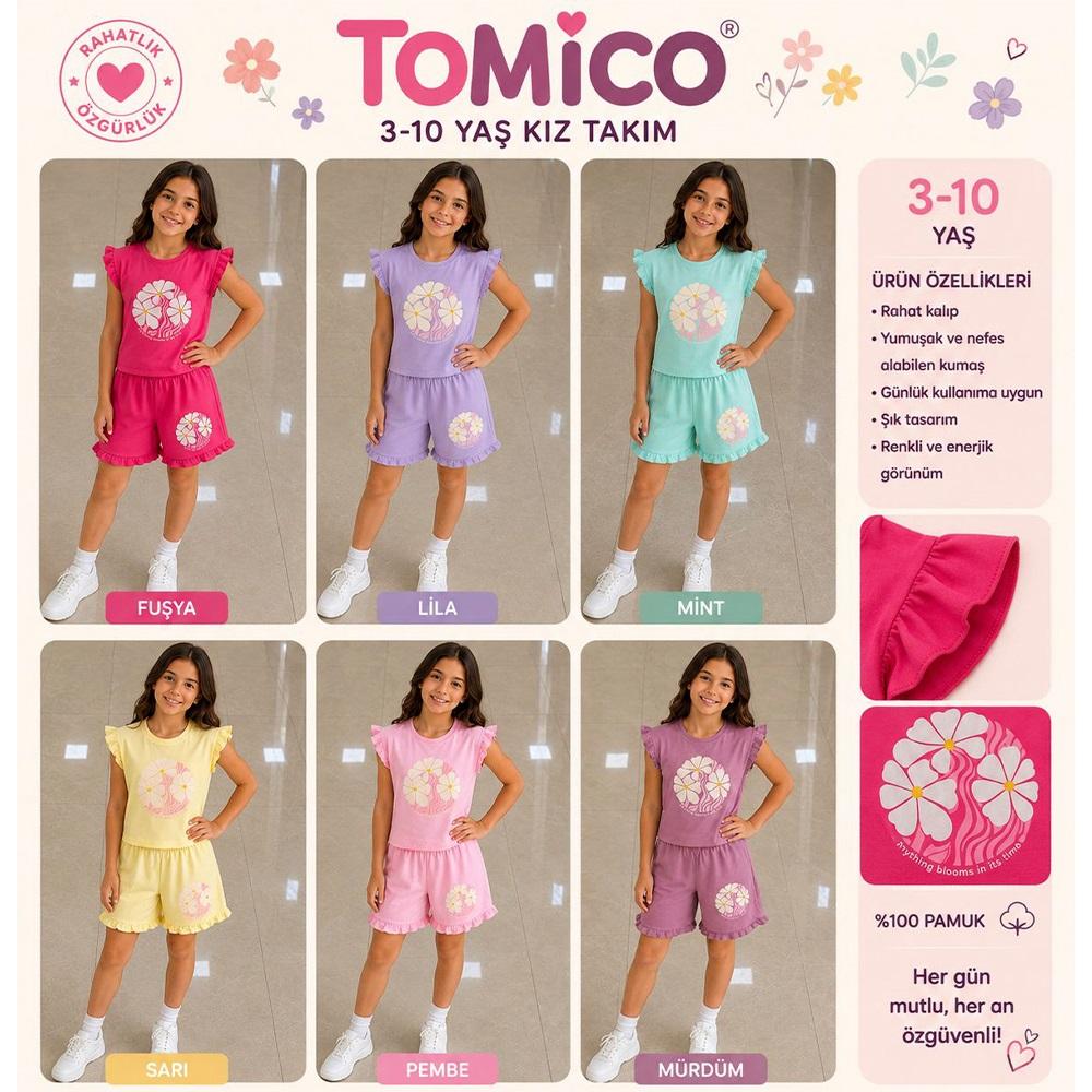 Tomıca 8143 Kız Çocuk Penye Everthnk Papatya Baskılı Şortlu Takım 3-10 Yaş