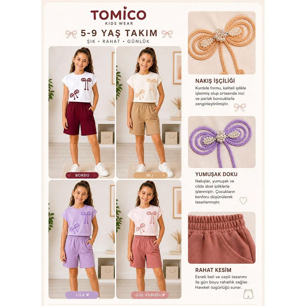 Tomıca 8106 Kız Çocuk Penye İnci Kurdele Nakışlı Şortlu Takım 5-9 Yaş