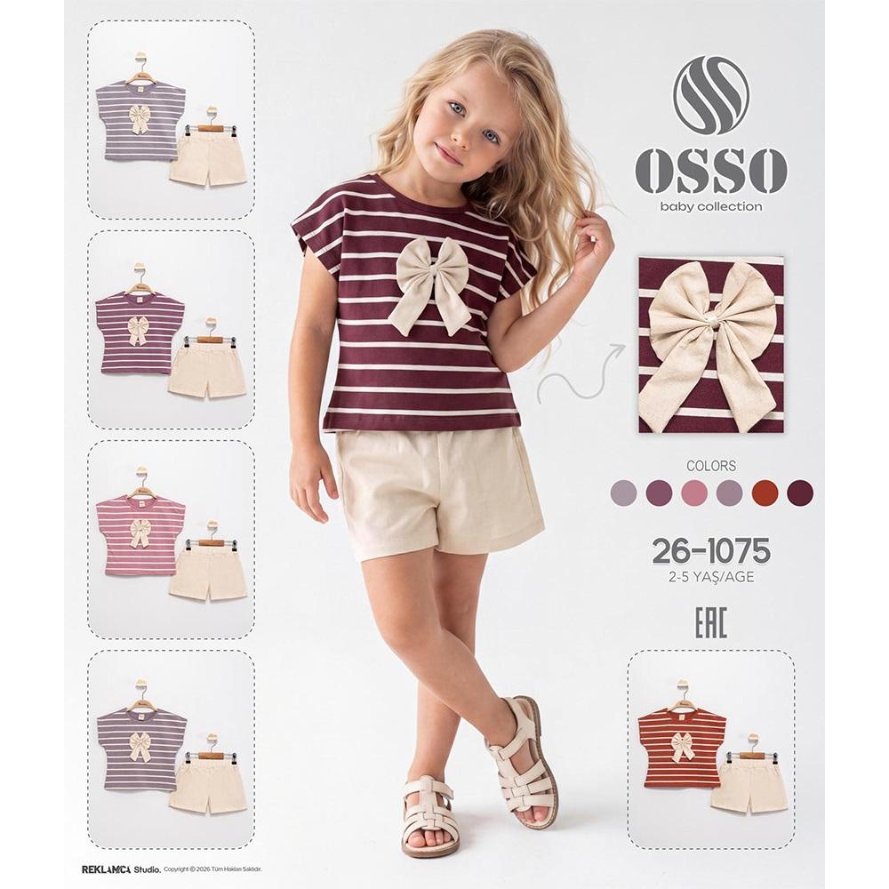Osso 26-1075 Kız Çocuk Penye Çizgili Fiyonklu Şortlu Takım 2-5 Yaş