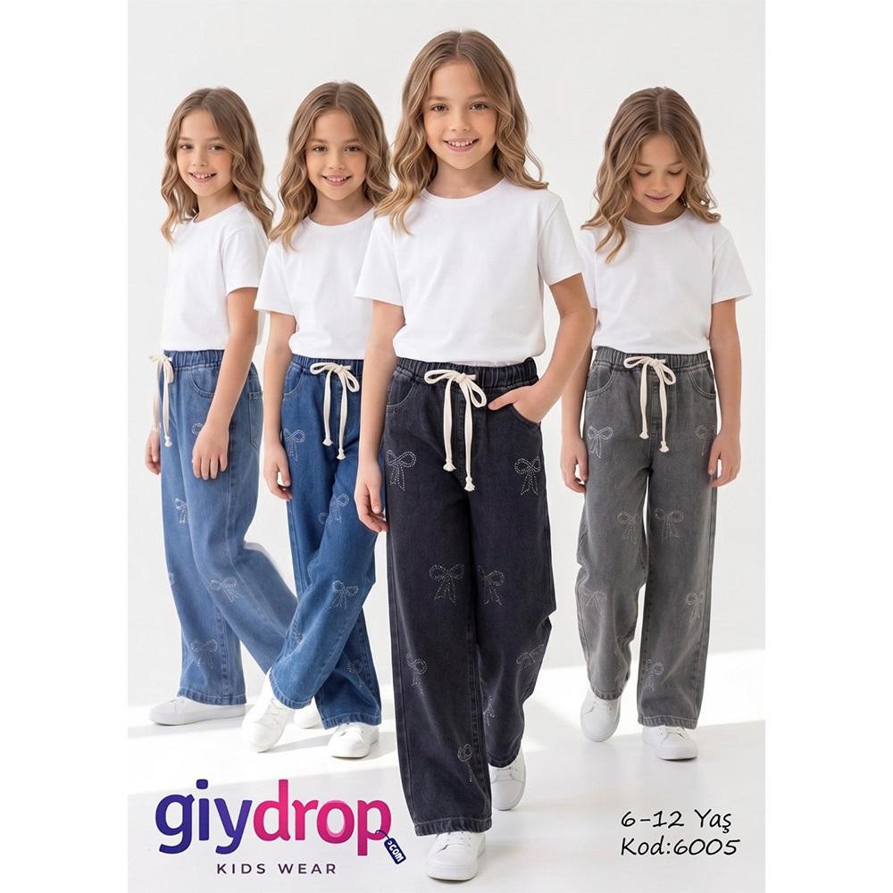 Giydrop 6005 Kız Çocuk Taş Kurdela Baskılı Kot Pantolon 6-12 Yaş