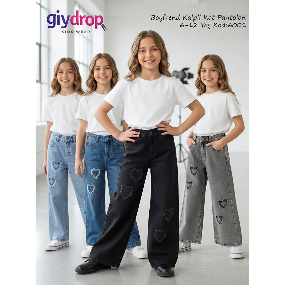 Giydrop 6001 Kız Çocuk Kalp Nakışlı Kot Pantolon 6-12 Yaş