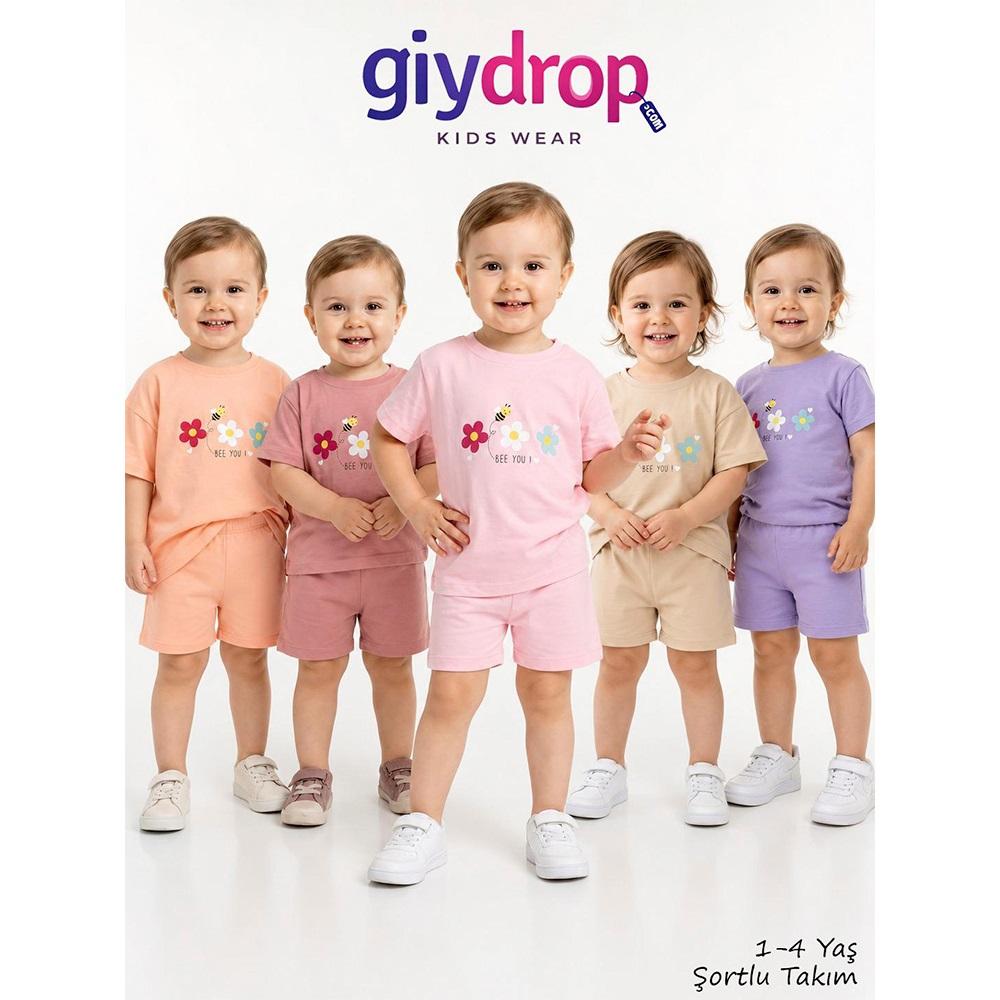 Giydrop 4104 Kız Çocuk Penye Çiçek Arı Baskılı Şortlu Takım 1-4 Yaş