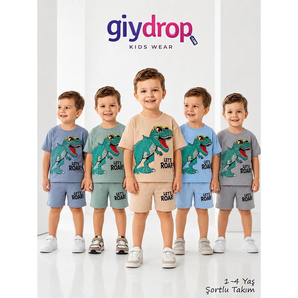 Giydrop 4101 Erkek Çocuk Penye Dinozor Baskılı Şortlu Takım 1-4 Yaş