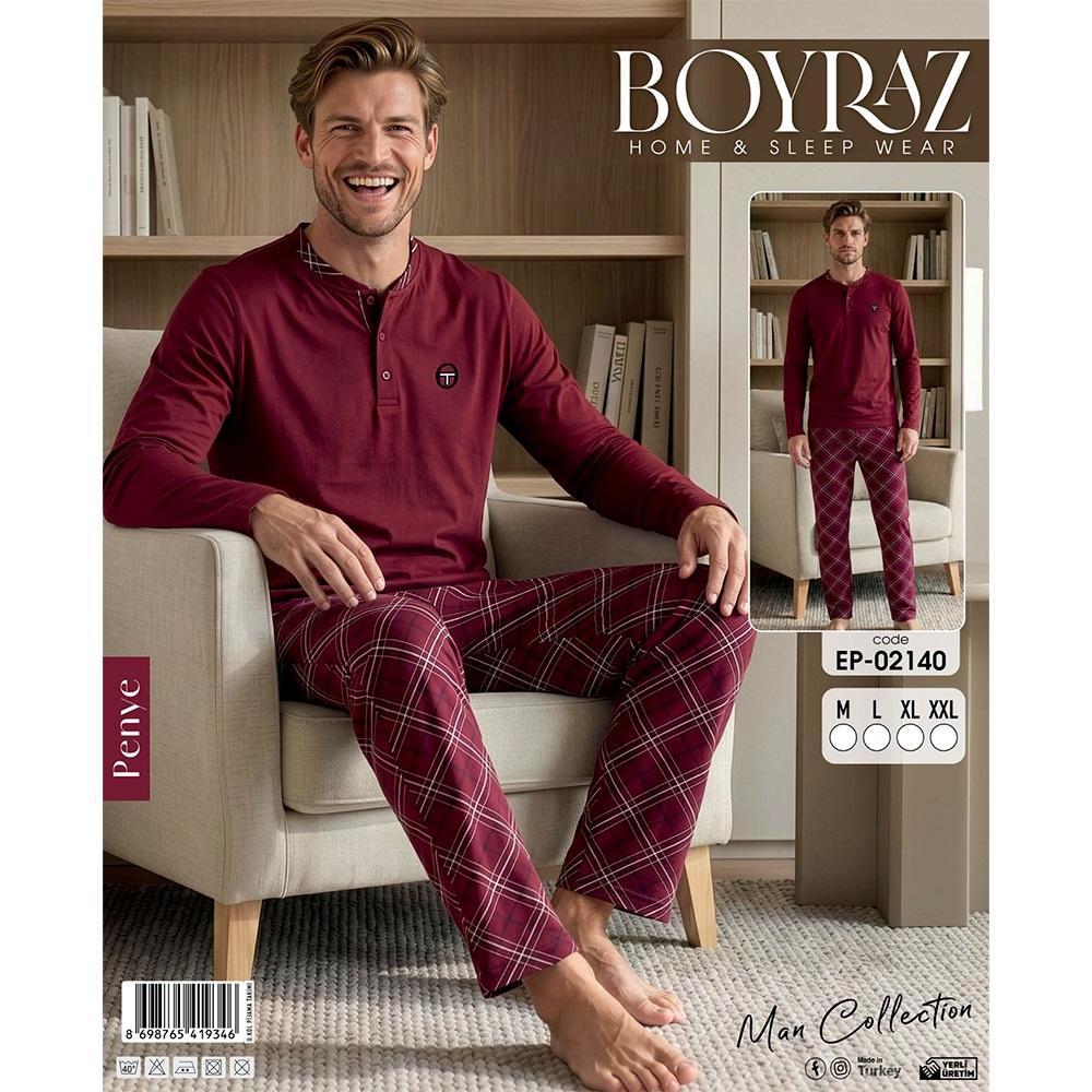 Boyraz EP-02140 Erkek Süprem Penye Uzun Kol Yaka Düğmeli Pijama Takımı M-2XL