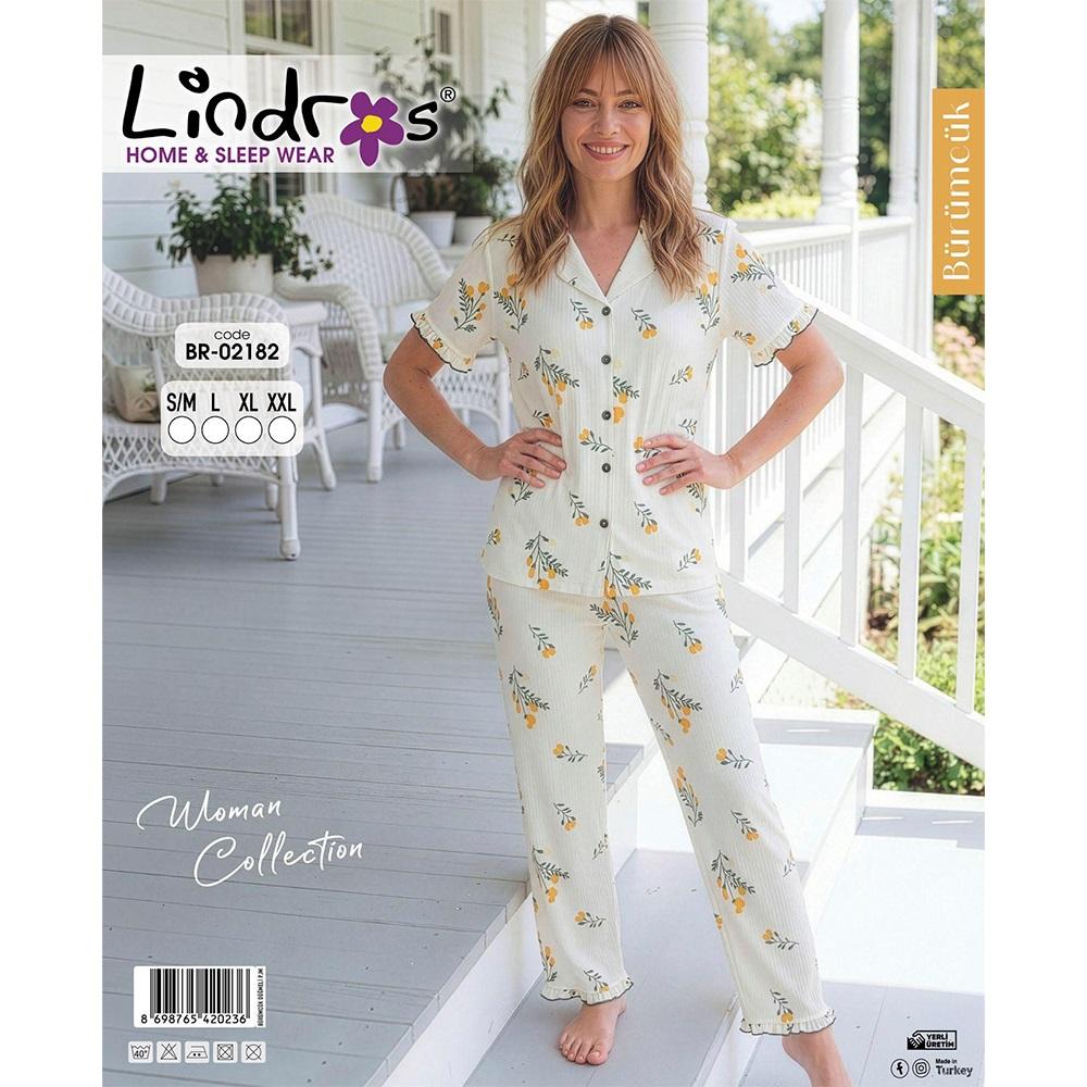 Lindros BR-02182 Bayan Bürümcük Boydan Düğmeli Kısa Kol Pijama Takımı S-2XL