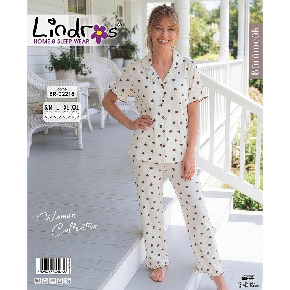 Lindros BR-02218 Bayan Bürümcük Boydan Düğmeli Kısa Kol Pijama Takımı S-2XL