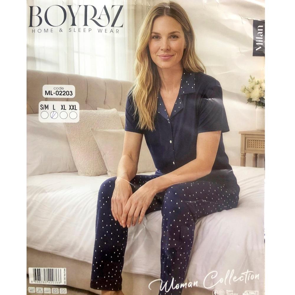Boyraz 02203 Bayan Milan Desenli Kısa Kol Boydan Düğmeli Pijama Takımı S-2XL