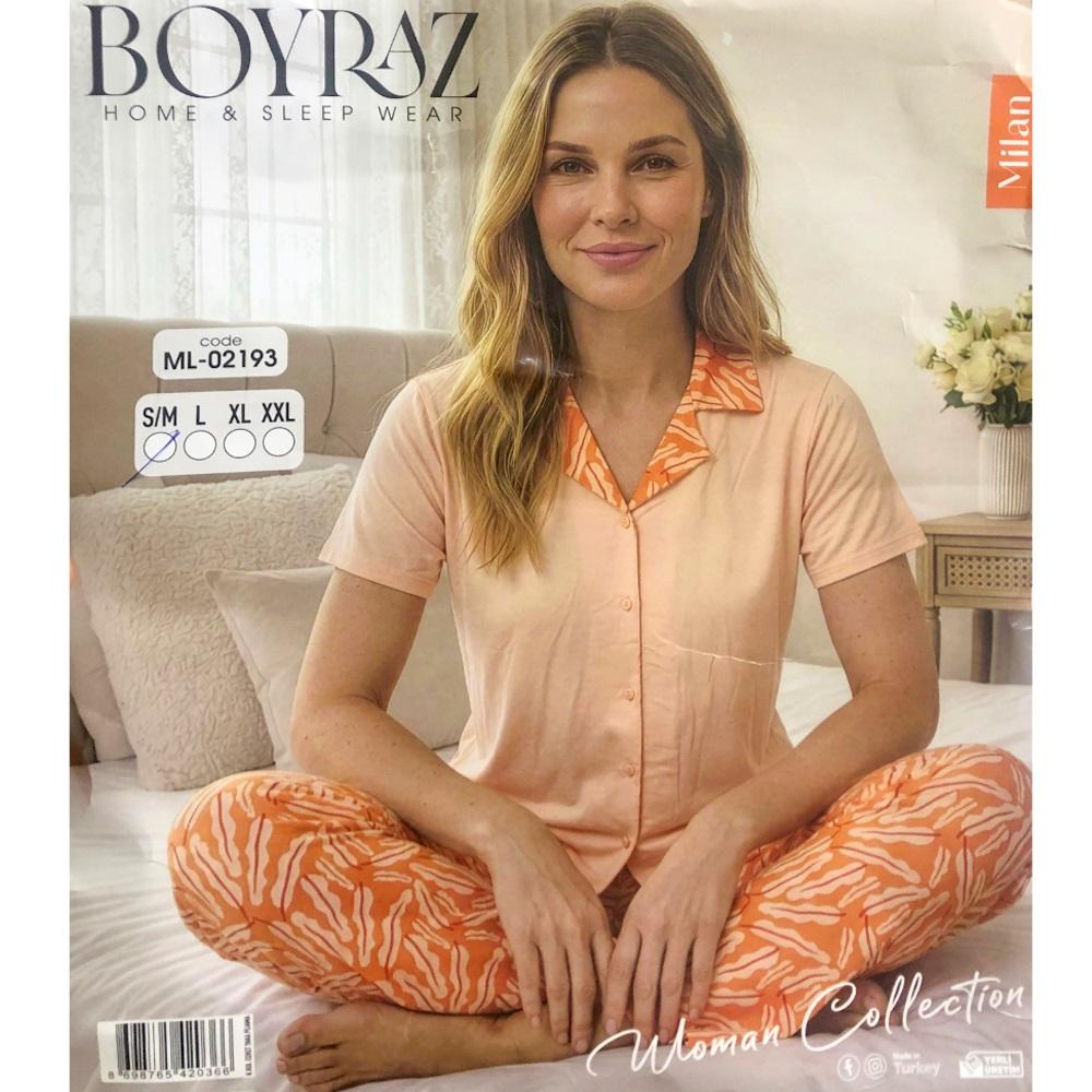 Boyraz 02193 Bayan Milan Desenli Kısa Kol Boydan Düğmeli Pijama Takımı S-2XL