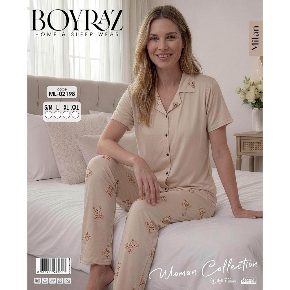 Boyraz 02198 Bayan Milan Desenli Kısa Kol Boydan Düğmeli Pijama Takımı S-2XL