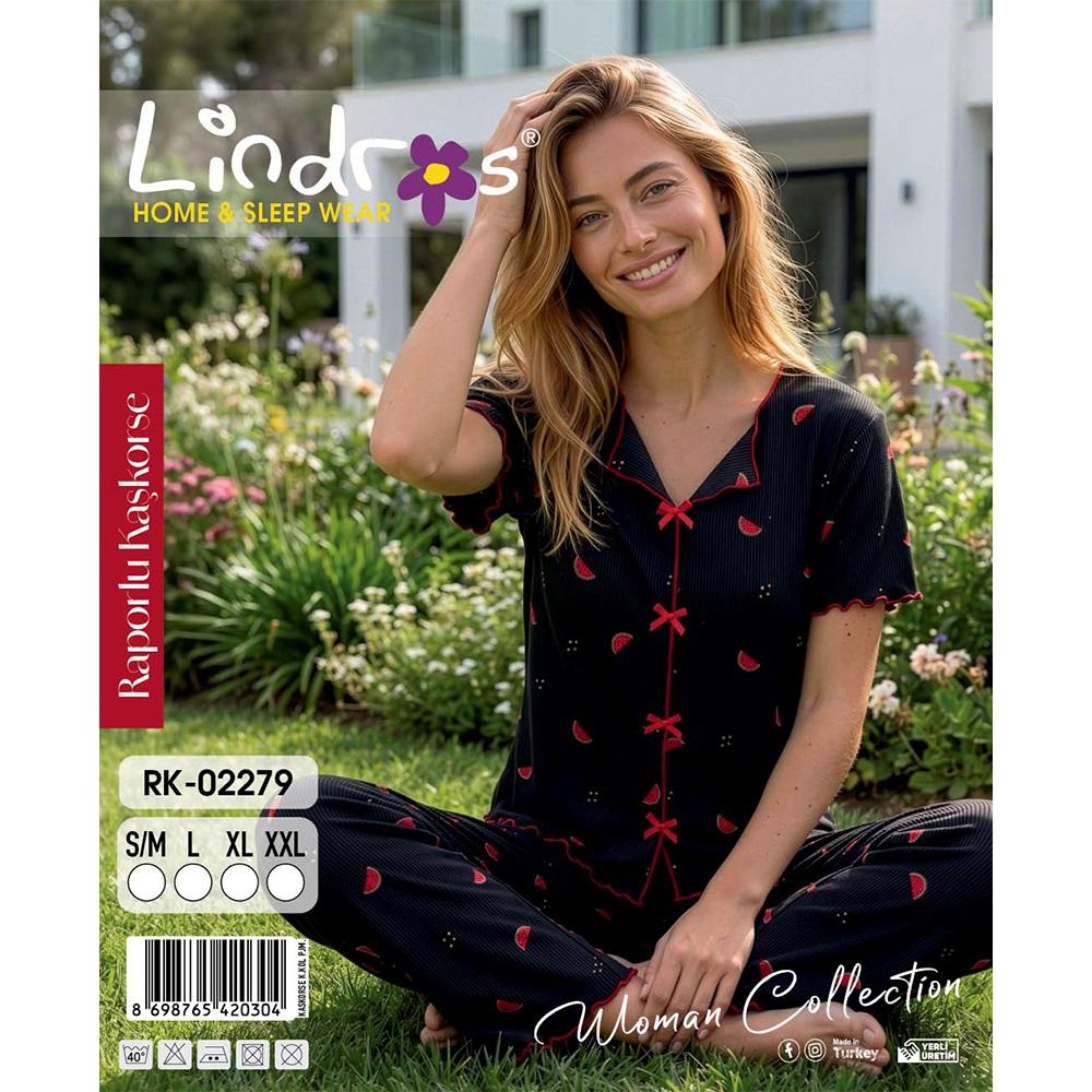 Lindros RK-02279 Bayan Raporlu Kaşkorse Desenli Kısa Kollu Pijama Takımı S-2XL