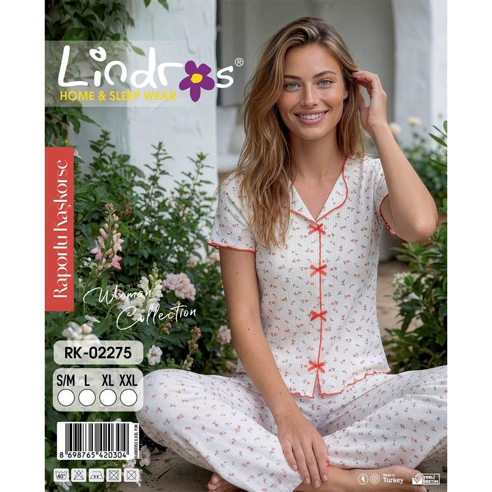 Lindros RK-02275 Bayan Raporlu Kaşkorse Desenli Kısa Kollu Pijama Takımı S-2XL