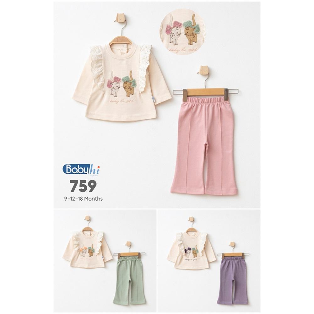 Baby Hi 759 Kız Bebe Fiyonklu Sevimli Kediler Nakışlı 2 Li Takım 9-18 Ay