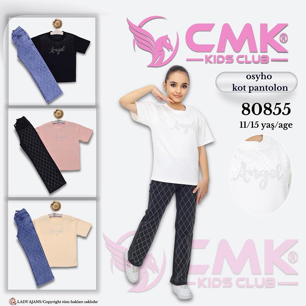 CMK KIDS 80855 Kız Çocuk Oysho Tişört Taş Angel Baskılı Kot Pantolon Takım 11-15 Yaş