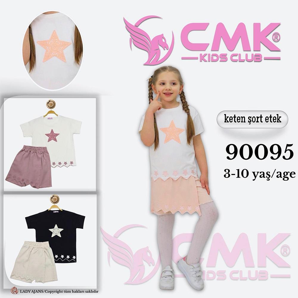 CMK KIDS 90095 Kız Çocuk Penye Tişört Yıldız Nakışlı Keten Kot Şortlu Takım 3-10 Yaş