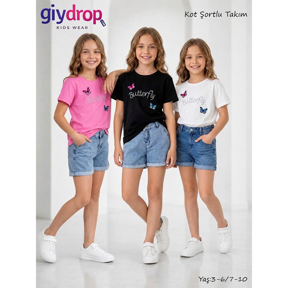 Giydrop 5716-2 Kız Çocuk Penye Tişört Kelebek Nakışlı Kot Şortlu Takım 7-10 Yaş
