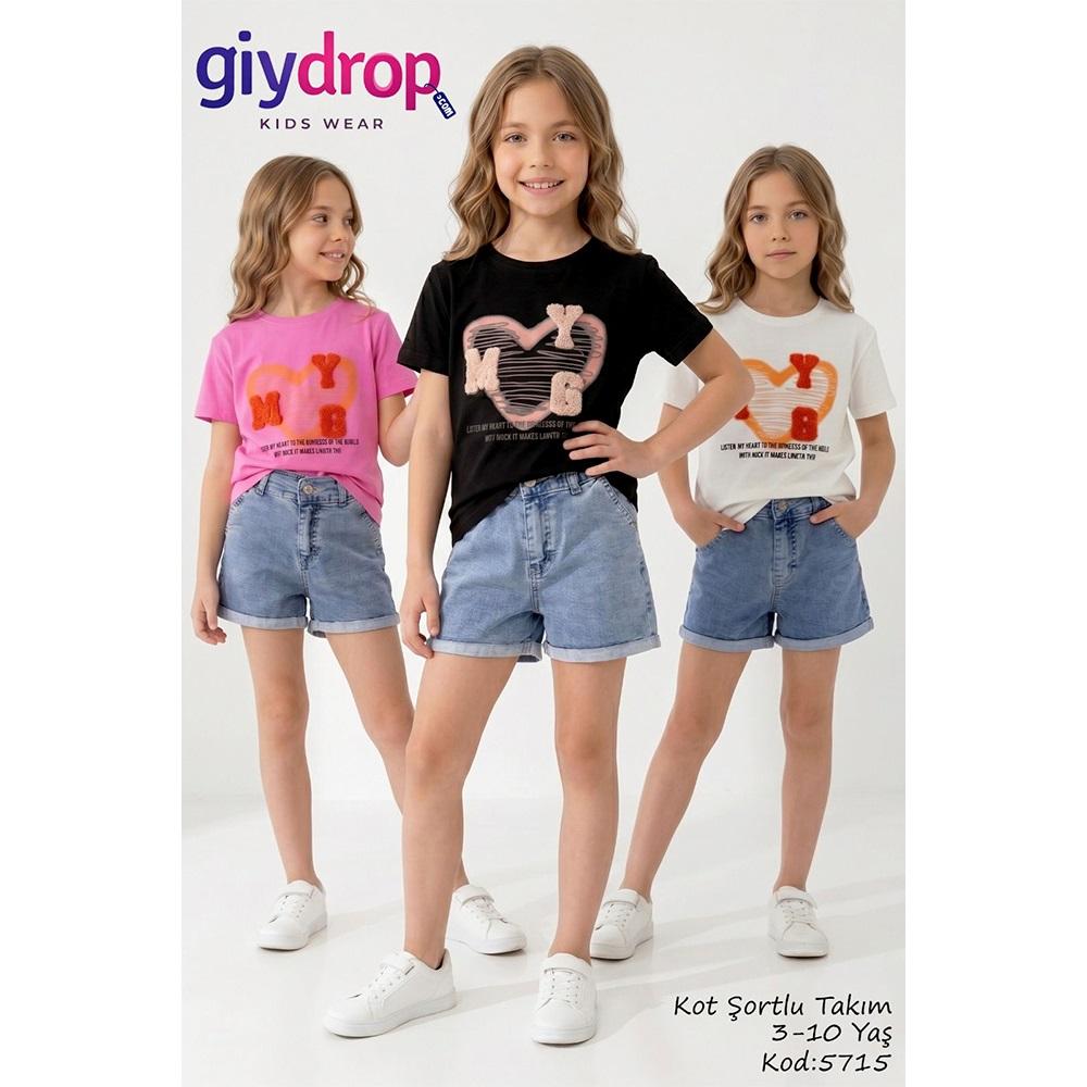 Giydrop 5715-1 Kız Çocuk Penye Tişört Myg Süzine Nakışlı Kot Şortlu Takım 3-6 Yaş