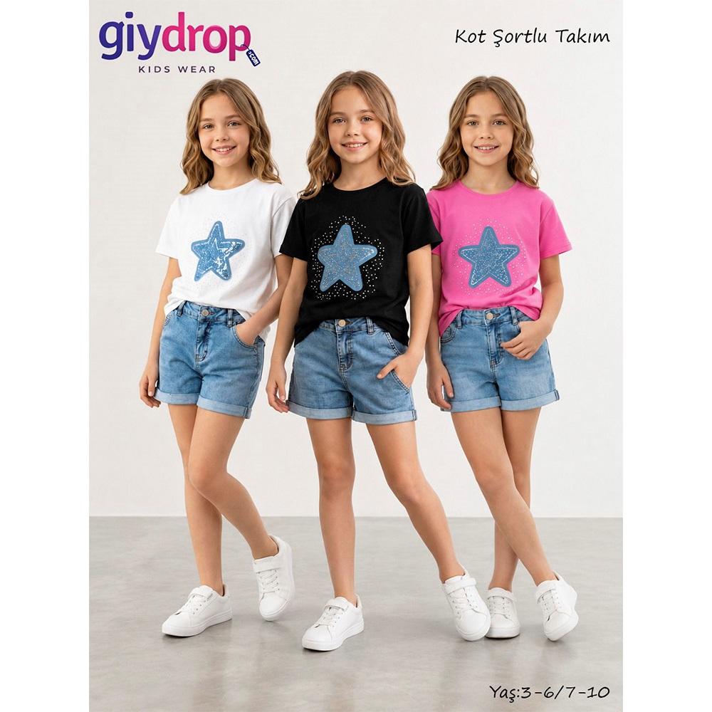 Giydrop 5711-1 Kız Çocuk Penye Tişört İnci Yıldız Nakışlı Kot Şortlu Takım 3-6 Yaş