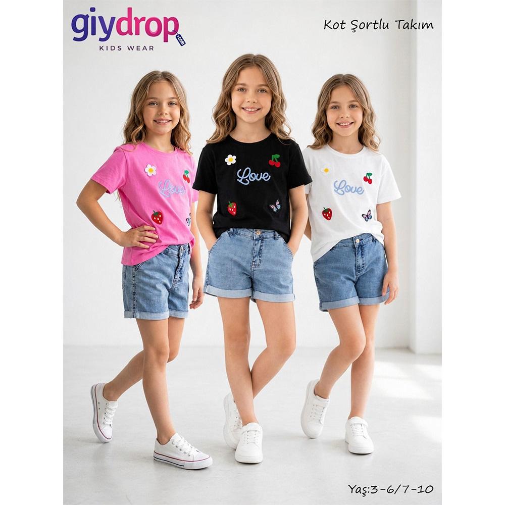 Giydrop 5712-2 Kız Çocuk Penye Tişört LOve Nakışlı Kot Şortlu Takım 7-10 Yaş