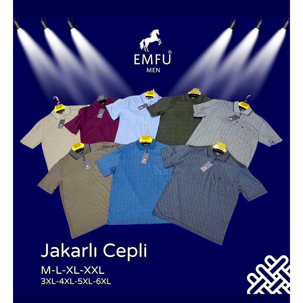 Emfu 201 Erkek Battal Jakarlı Cepli Düğme Yakalı Kısa Kol Tişört 3XL-6XL