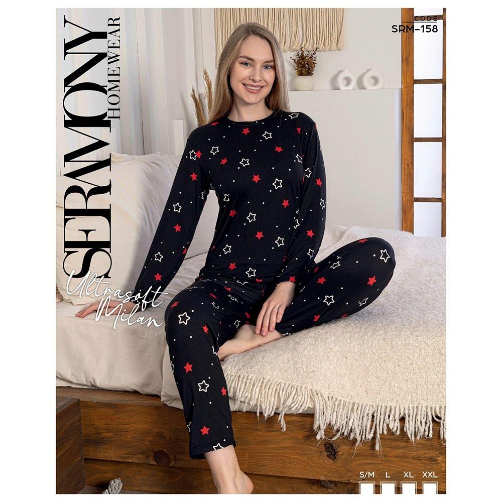 Seramony Srm158 Bayan Milan Ultra Soft Boydan Düğmeli Uzun Kollu Pijama Takımı S-2XL