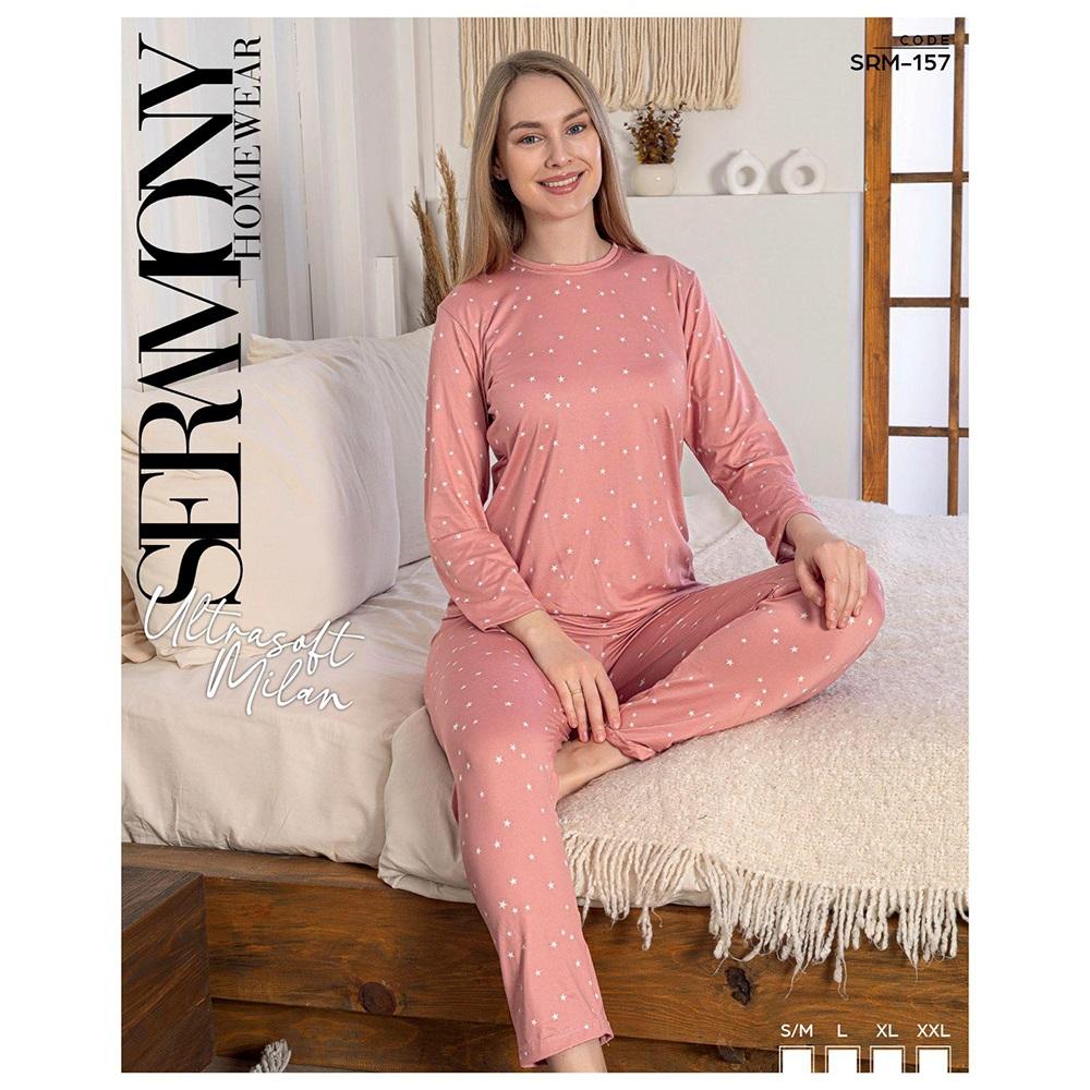 Seramony Srm157 Bayan Milan Ultra Soft Boydan Düğmeli Uzun Kollu Pijama Takımı S-2XL