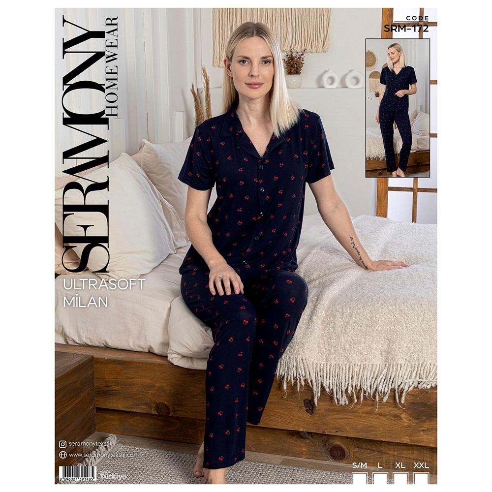 Seramony Srm172 Bayan Milan Ultra Soft Boydan Düğmeli Kısa Kollu Pijama Takımı S-2XL