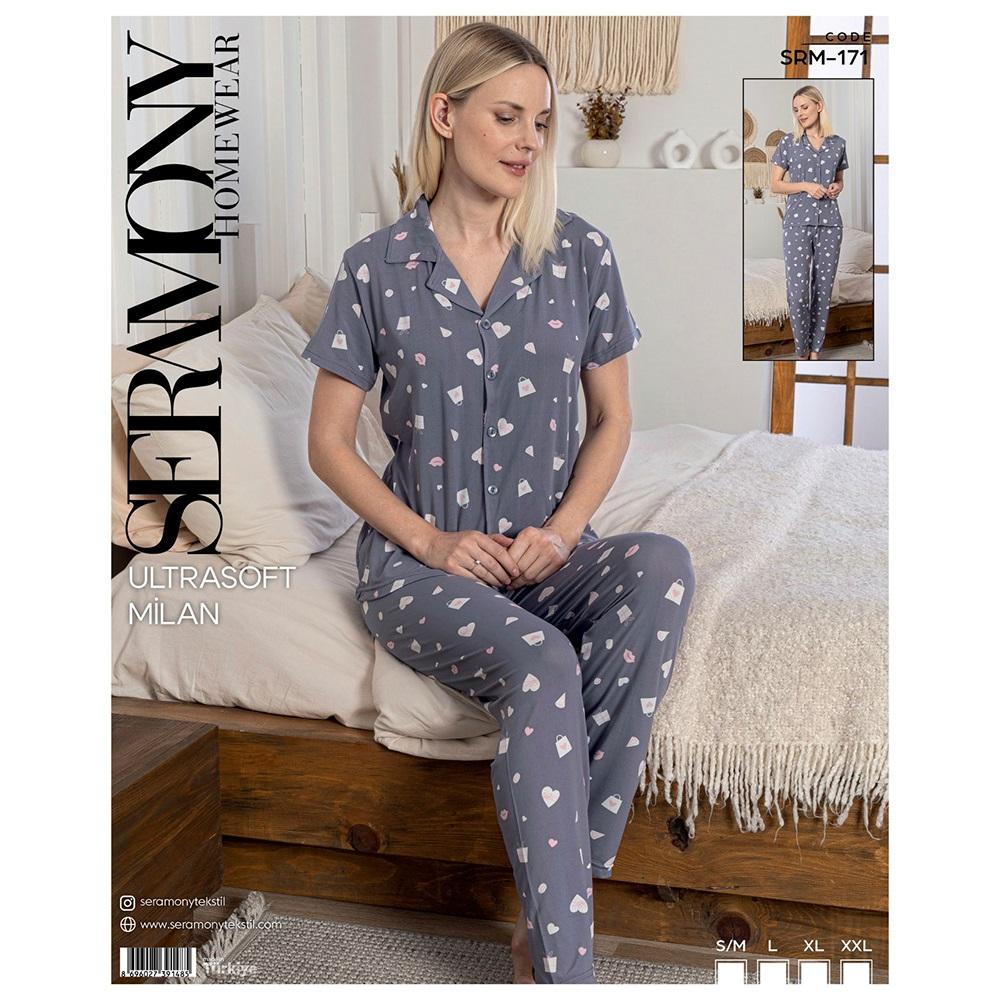Seramony Srm171 Bayan Milan Ultra Soft Boydan Düğmeli Kısa Kollu Pijama Takımı S-2XL