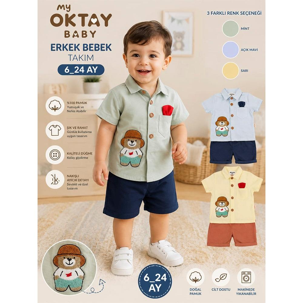My Oktay 5338 Erkek Bebe Müslim Sevimli Ayı Nakışlı Gömlekli Şortlu Takım 6-24 Ay