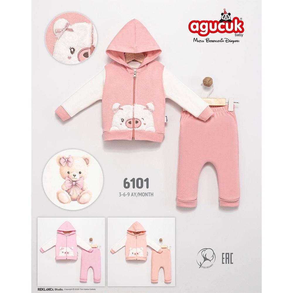 Agucuk Baby 6101 Kız Bebe Penye Sevimli Ayıcık Nakışlı 3 Lü Takım 3-9 Ay