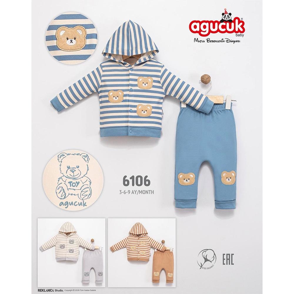 Agucuk Baby 6106 Erkek Bebe Penye Çizgili Sevimli Ayıcık Nakışlı 3 Lü Takım 3-9 Ay