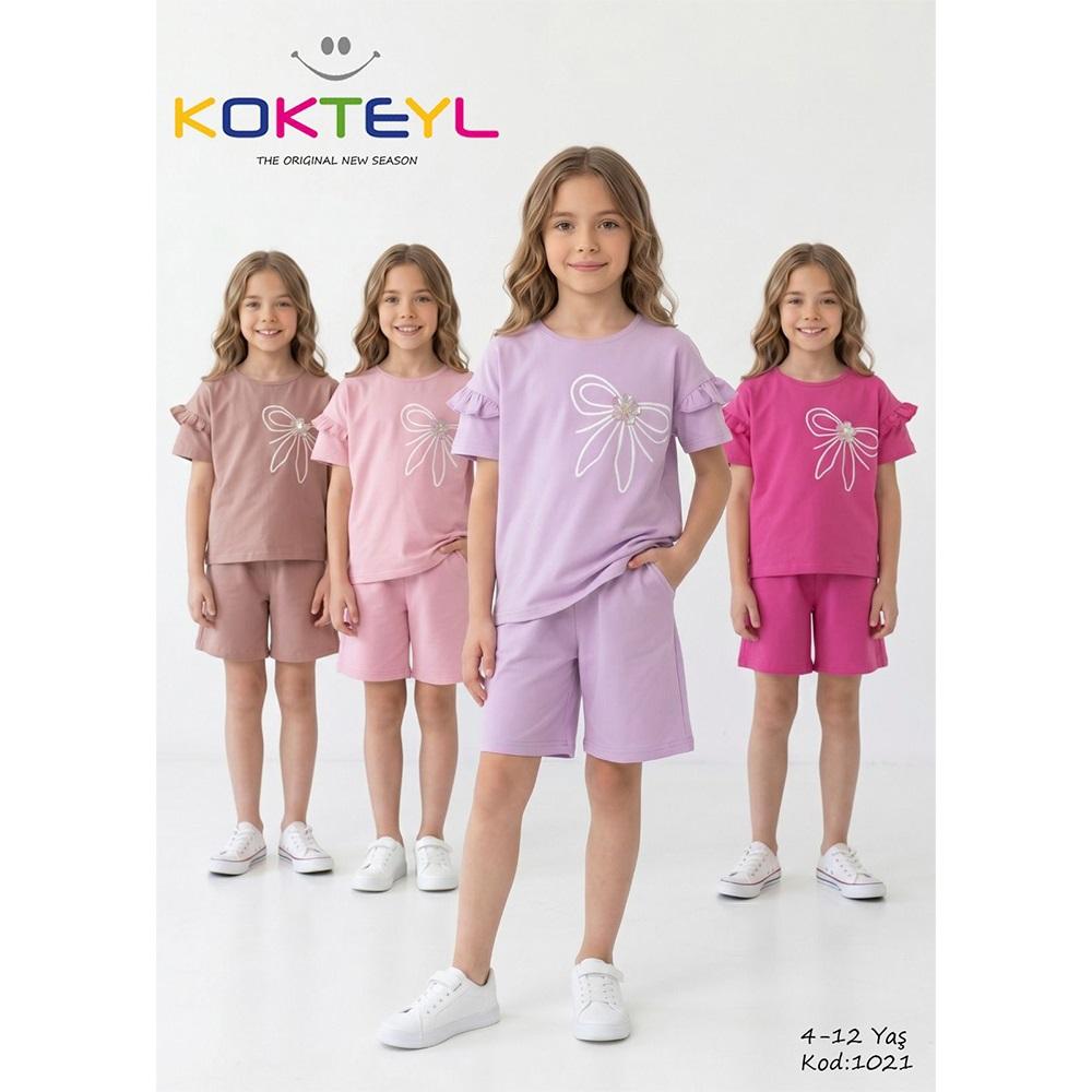 Kokteyl 1024 Kız Çocuk Penye Fiyonk Baskılı Şortlu Takım 4-12 Yaş