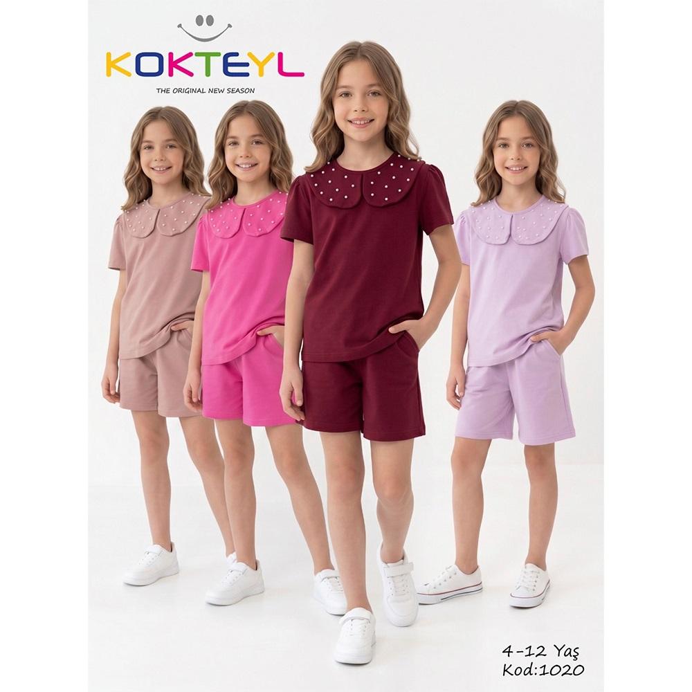 Kokteyl 1020 Kız Çocuk Penye İncili Bebe Yakalı Şortlu Takım 4-12 Yaş