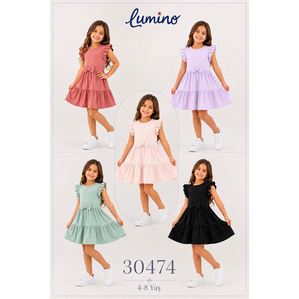Lumino 30474 Kız Çocuk Penye Taş Baskılı Sıfır Kollu Elbise 4-8 Yaş