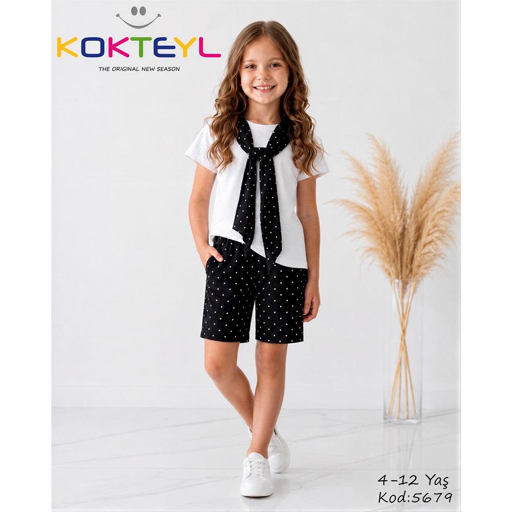 Kokteyl 5679 Kız Çocuk Penye Puantiyeli Şortlu Takım 4-12 Yaş
