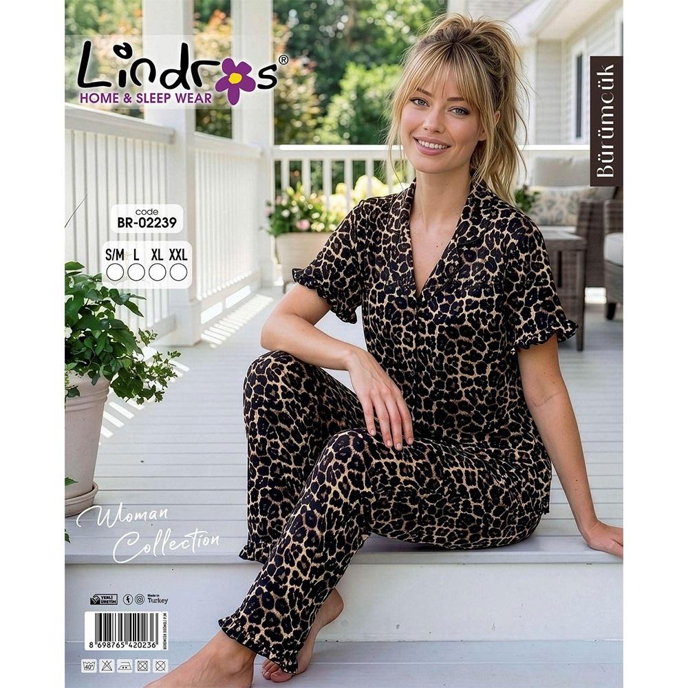 Lindros BR-02239 Bayan Bürümcük Boydan Düğmeli Kısa Kol Pijama Takımı S-2XL